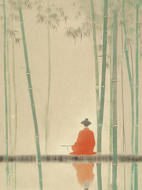 palette_china's tweet photo. This group of illustrations is inspired by the Tang Dynasty (618-907) poem The Bamboo Hut written by Wang Wei (701-761). The overall tone of the four illustrations is fresh and elegant. Through extensive blank spaces in the background, they create a lively and imaginative atmosphere. The contrast between the sparse and dense bamboo adds a sense of breathability. The high brightness and low contrast give a sense of calm, filled with Zen-style aesthetics and elegant meaning. The main figure, dressed in red, contrasts with the green bamboo, adding lively and vivid colors to the illustrations. [Illustrations by Du Yiming/Tianjin Academy of Fine Arts]