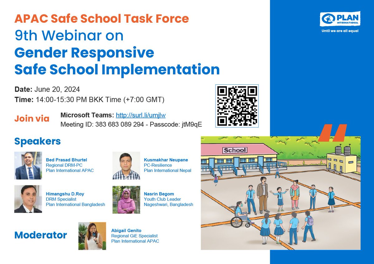 You're invited: 9th Webinar on Gender Responsive Safe School Implementation
🏫✅🏫✅🏫✅

🗓️: June 20th, 2024 
⏲️: 14:00 - 15:30 BKK time (GMT+7)
👉: surl.li/umjlw

#Nepal #Bangladesh