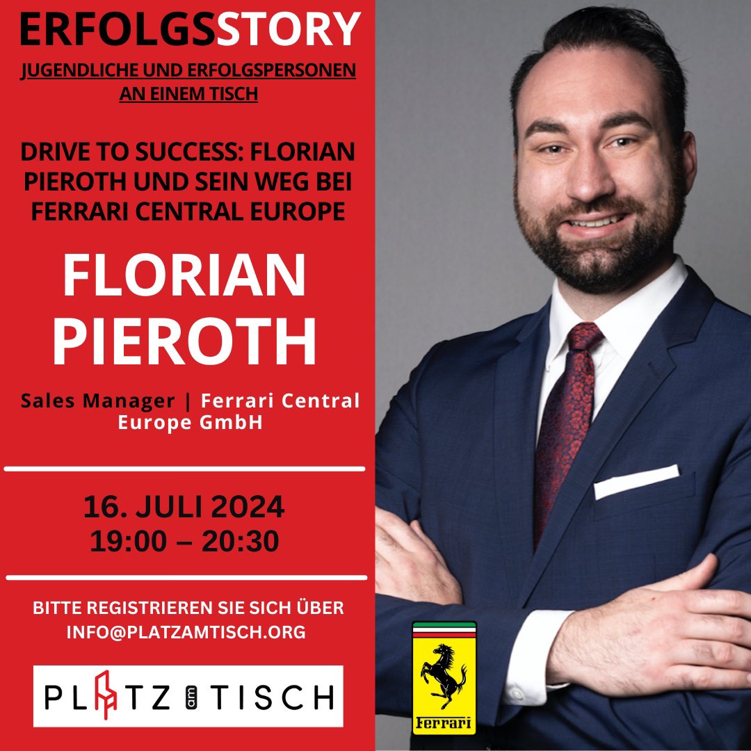 platzamtisch's tweet photo. 📢 VIRTUELLE VERANSTALTUNG | FLORIAN PIEROTH | SALES MANAGER BEI DER FERRARI CENTRAL EUROPE GmbH

THEMA: DRIVE TO SUCCESS: FLORIAN PIEROTH UND SEIN WEG BEI DER FERRARI CENTRAL EUROPE

📆 16. JULI 2024 | 19:00 - 20:30
®️Anmelden: https://t.co/IV3y4wn9Ca

#ferrari #platzamtisch https://t.co/NngWZrpqL1