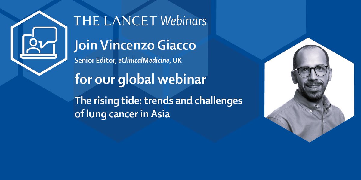 The Lancet (@thelancet) on Twitter photo Join <a href="/Vin_Giacco/">Vincenzo Giacco, PhD</a>, Senior Editor at <a href="/eClinicalMed/">eClinicalMedicine – The Lancet Discovery Science</a>, as he co-chairs our upcoming Lancet Webinar exploring the trends and challenges of lung cancer in Asia.
Register now: hubs.li/Q02CfM950
🗓️ Jul 9, 09:30 BST/16:30 CST Join <a href="/Vin_Giacco/">Vincenzo Giacco, PhD</a>, Senior Editor at <a href="/eClinicalMed/">eClinicalMedicine – The Lancet Discovery Science</a>, as he co-chairs our upcoming Lancet Webinar exploring the trends and challenges of lung cancer in Asia.
Register now: hubs.li/Q02CfM950
🗓️ Jul 9, 09:30 BST/16:30 CST