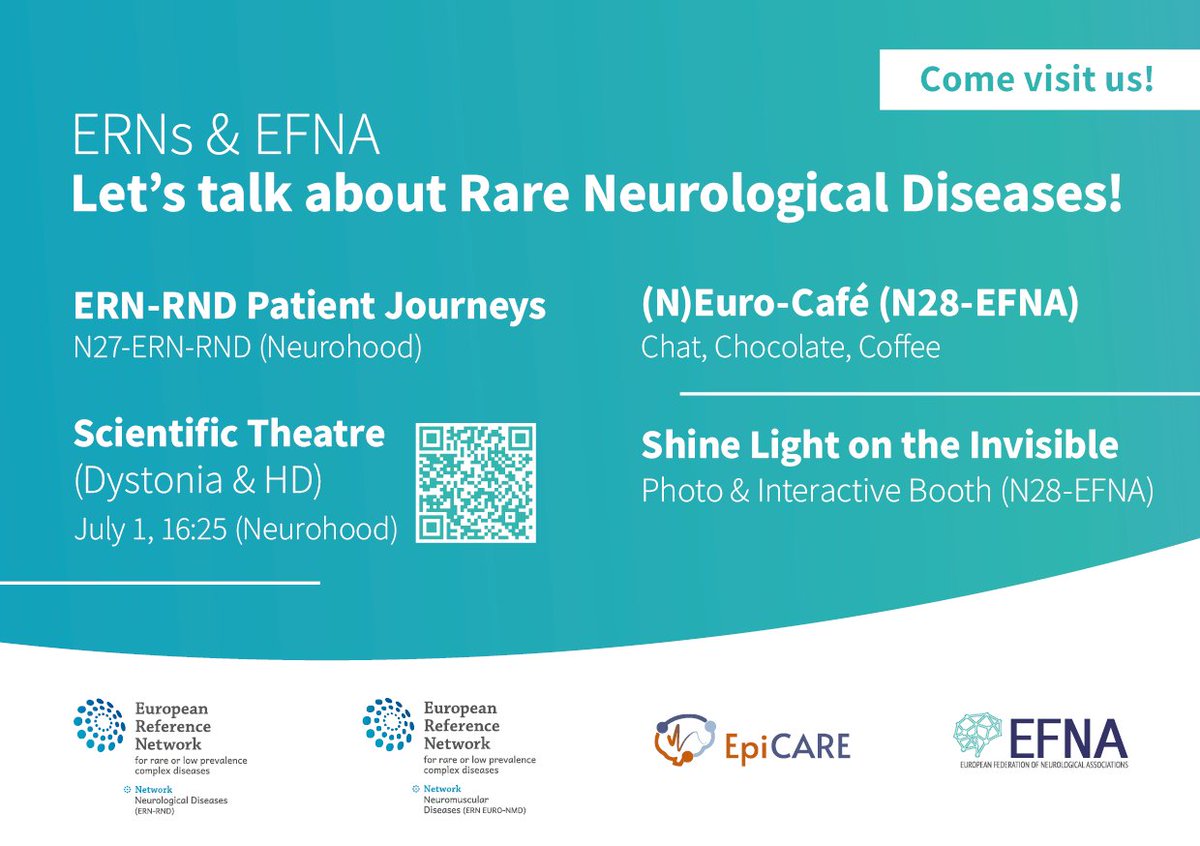 ERN_RND's tweet photo. Come and visit our (N)Euro-Café, #ScientificTheatre and #PatientJourneys on #Dystonia and #HuntingtonsDisease, take a picture at the #photobooth and many more at #EAN2024 - this year in cooperation with the #ERNs @EpiCARE_ERN @euro_nmd and @EUneurology! https://t.co/Y2ySBEpncJ
