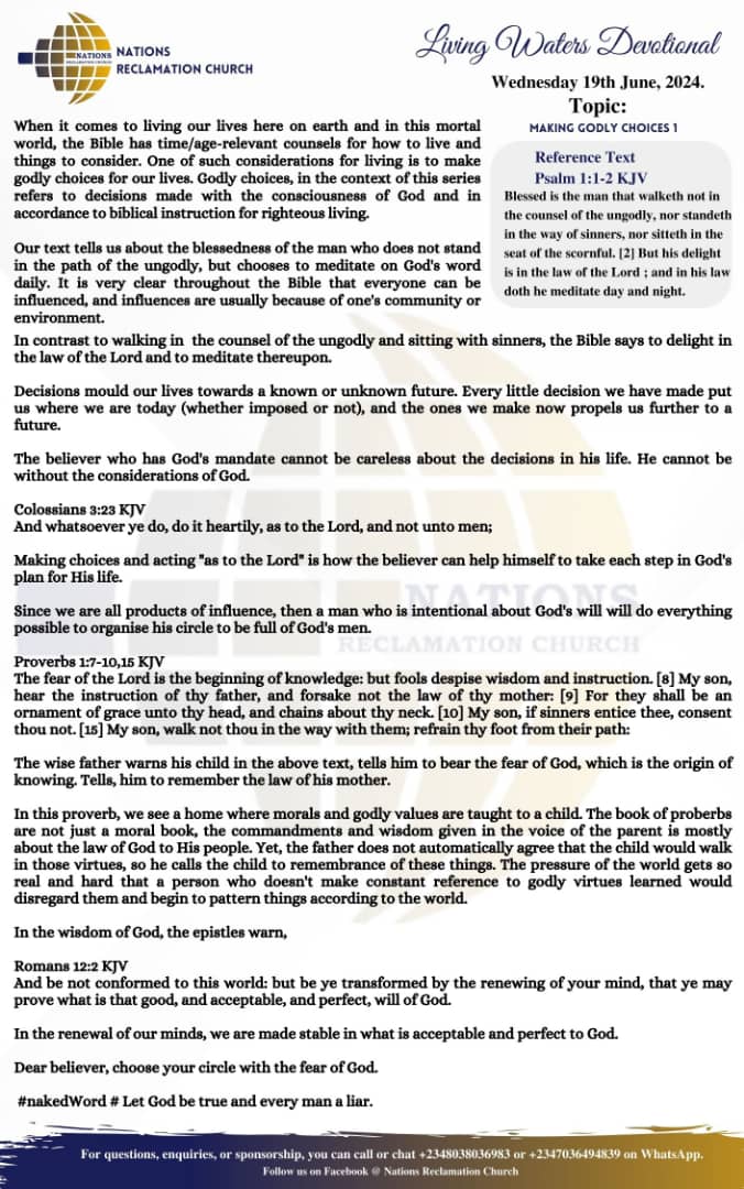 NARChurch's tweet photo. Making Godly choices is decision made with the consciousness of God and In accordance to the biblical instructions for righteous living.
How well do you make a Godly choices,is it pattern to what the word of God says? https://t.co/dRah5uXukg