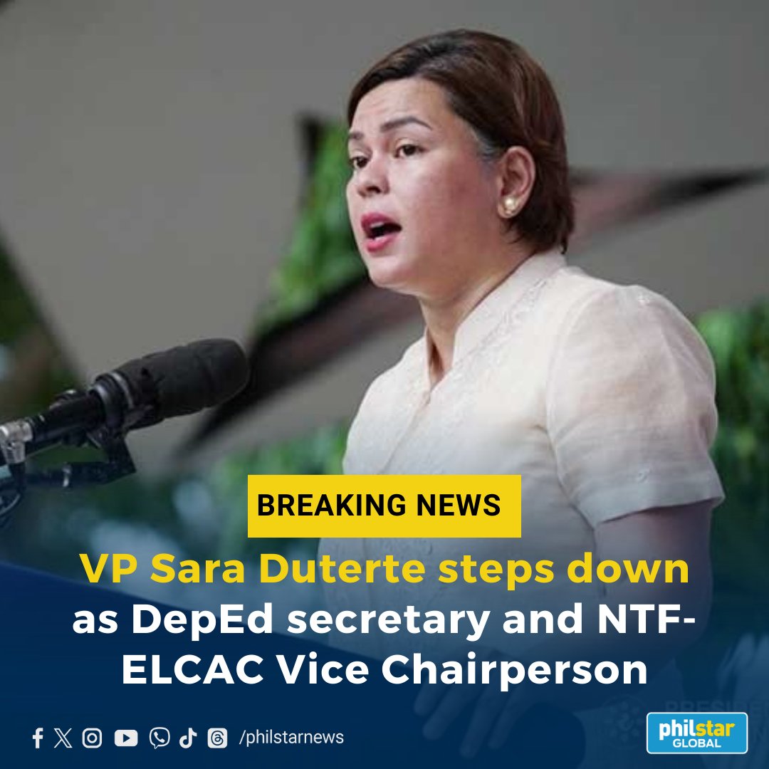 PhilstarNews's tweet photo. SARA RESIGNS AS DEPED SECRETARY

JUST IN: Vice President Sara Duterte resigned as Education Secretary and Vice Chairperson of the NTF-ELCAC on Wednesday, June 19, according to the Presidential Communications Office.

The resignation is effective on July 19, 2024. However, she will continue to serve as Vice President.

Full story to follow.
