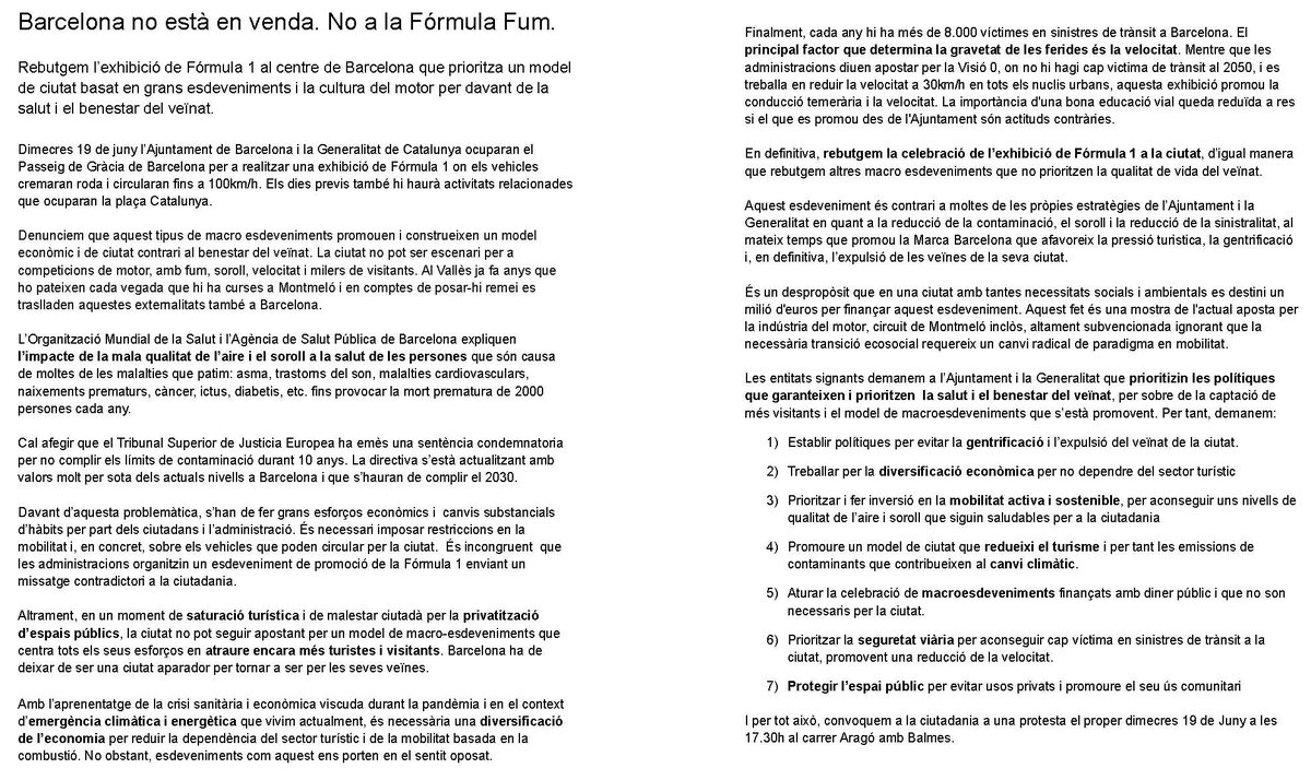 bikevidrera's tweet photo. Una bona pila de raons per demanar #ForaFormulaFum! 
veniu avui a les 17:30h per fer-les sentir i afegiu-hi també les vostres pròpies!

#menyscotxesméssalut
#MenysFumsMesSomriures
#mésbicismillorsciutats https://t.co/gqxqEOtNCI