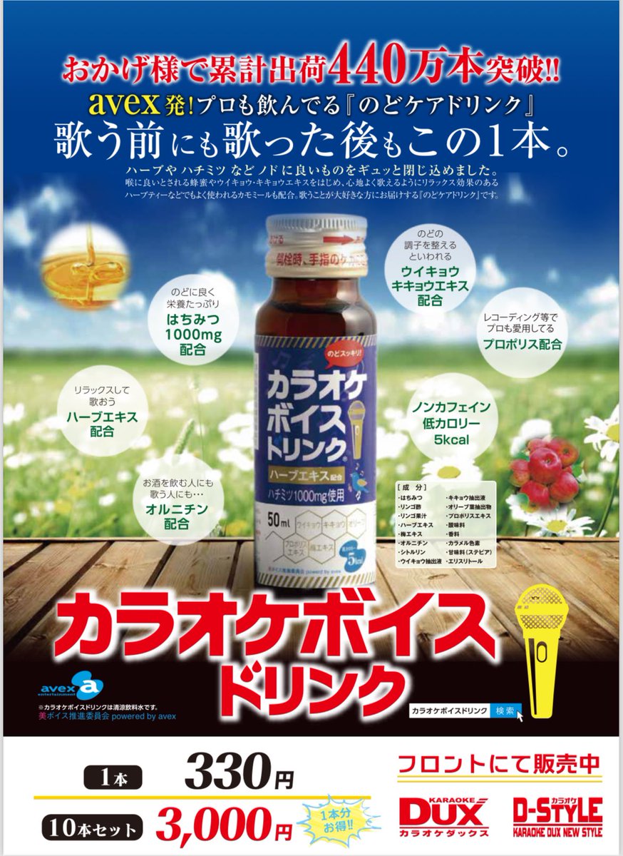 dux_yuda's tweet photo. avex発❣️プロも飲んでる『のどケアドリンク』
"歌う前も歌った後もこの1本"😘
フロントにて販売中です😚👍
是非お試しください💜
 #カラオケ  #カラオケダックス山口湯田店
 #カラオケボイスドリンク  #avex  #プロも飲んでる  #湯田温泉  #低カロリー  #オルニチン  #プロポリス配合  #ノンカフェイン https://t.co/JC7cyGD0oJ