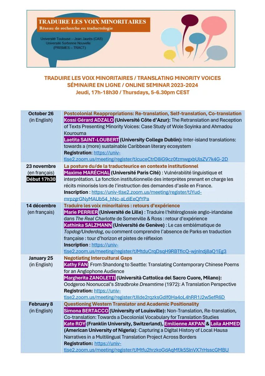 SFT (@sftfr) on Twitter photo 🗓️ La dernière séance du séminaire <a href="/TrMinVoices/">Translating Minority Voices Network</a> pour l'année 2023-24 se tiendra en ligne le jeudi 20 juin de 17h à 18h30 sur Zoom, sur le thème de la traduction comme espace d'autodétermination et de légitimation culturelle. ➡️ buff.ly/3MMzsAv
#xl8 🗓️ La dernière séance du séminaire <a href="/TrMinVoices/">Translating Minority Voices Network</a> pour l'année 2023-24 se tiendra en ligne le jeudi 20 juin de 17h à 18h30 sur Zoom, sur le thème de la traduction comme espace d'autodétermination et de légitimation culturelle. ➡️ buff.ly/3MMzsAv
#xl8