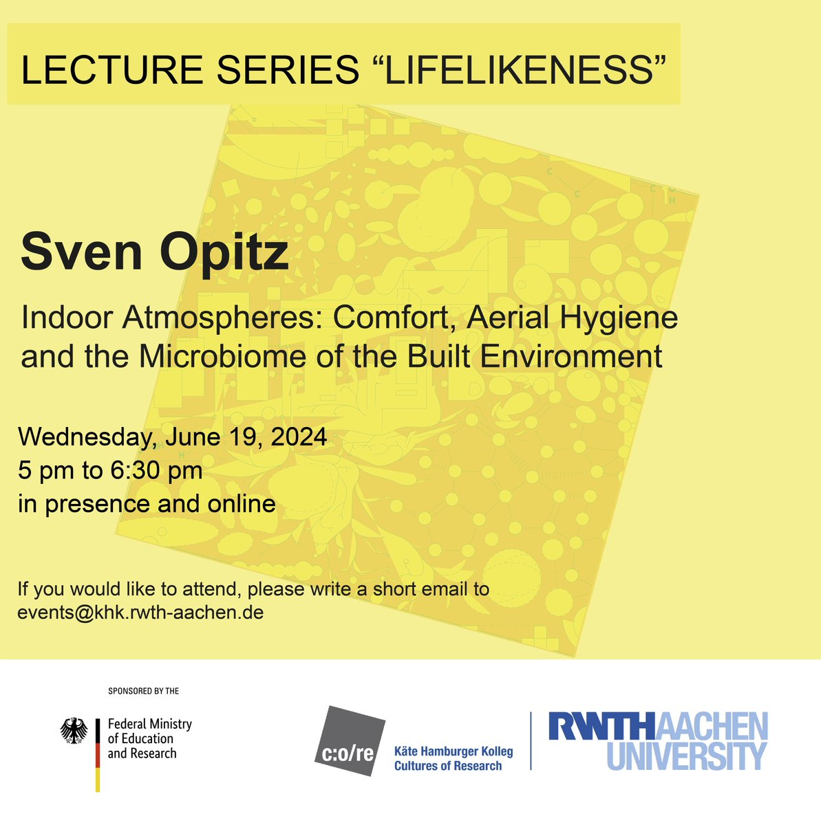 ✨Lecture Series "Lifelikeness"

Today <a href="/opitz_sven/">Sven Opitz</a> is giving a lecture on "Indoor Atmospheres: Comfort, Aerial Hygiene and the Microbiome of the Built Environment". You are cordially invited to drop by!

Find out more: khk.rwth-aachen.de/event/evening-…