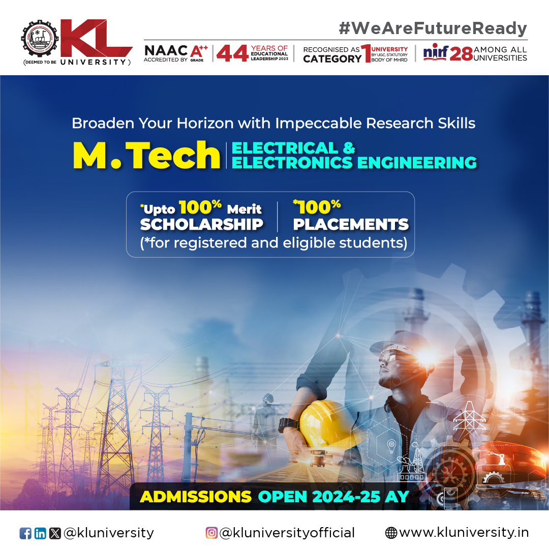 kluniversity's tweet photo. Enhance your qualitative and quantitative analysis skills by pursuing M. Tech Electrical & Electronics Engineering at KL University.
Apply Now: https://t.co/On7TlbVQFn
#KLuniversity #KLU #Admissions2024_25 #WeAreFutureReady #Placements #Scholarships #Mtech #EEE #Mtech_EEE https://t.co/D96DWyOVY1