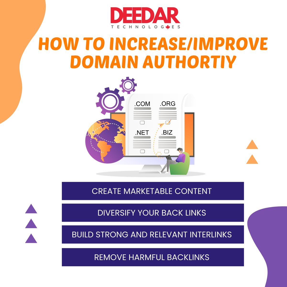 deedar_tech's tweet image. Increase domain authority by creating marketable content, diversifying backlinks, and building strong, relevant interlinks. Remove harmful backlinks to boost credibility and SEO rankings. 

#DeedarTech #DomainAuthority #SEOtips #ContentMarketing #Backlinks #Interlinking