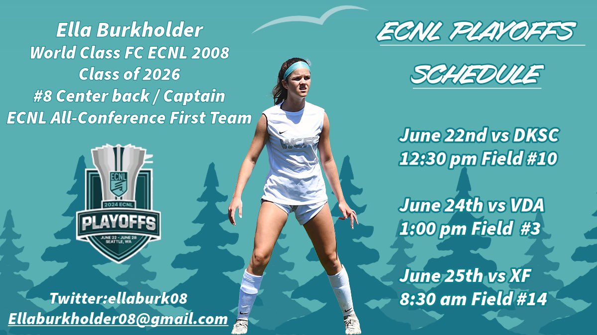 Ella Burkholder (@eburkholder08) on Twitter photo I am so excited to head to Seattle this week with my team <a href="/WCFC08ECNL/">WCFC08ECNL</a> to compete at <a href="/ECNLgirls/">ECNL Girls</a> playoffs! ✈️⚽️ Schedule below ⬇️ Can’t wait to see you there!
<a href="/ImYouthSoccer/">ECNL/GA/Recruiting/College Soccer</a> <a href="/ImCollegeSoccer/">College Soccer Truth ™</a> <a href="/TopDrawerSoccer/">TopDrawerSoccer</a> I am so excited to head to Seattle this week with my team <a href="/WCFC08ECNL/">WCFC08ECNL</a> to compete at <a href="/ECNLgirls/">ECNL Girls</a> playoffs! ✈️⚽️ Schedule below ⬇️ Can’t wait to see you there!
<a href="/ImYouthSoccer/">ECNL/GA/Recruiting/College Soccer</a> <a href="/ImCollegeSoccer/">College Soccer Truth ™</a> <a href="/TopDrawerSoccer/">TopDrawerSoccer</a>