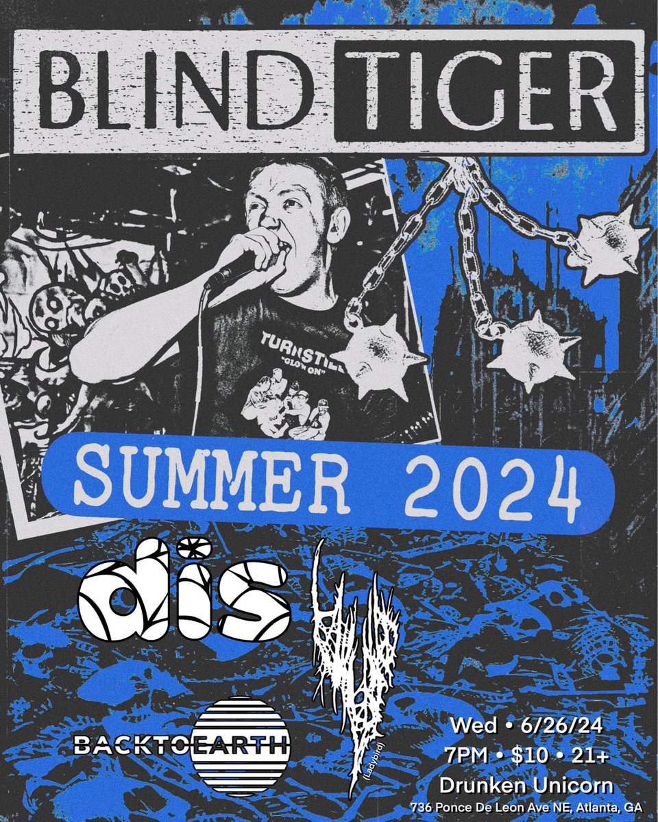drunkenunicorn's tweet photo. ⛓️JUNE 26TH⛓️

BLIND TIGER
DIS
BACK TO EARTH
LADYBIRD

$10 / 21+ / 7 PM

🎶Sounds by: @blindtigerfl @backtoearth_official @ladybird_band @dis.beat

#hardcore #atlhardcore #punkrock #metal #livemusic #atlanta #atlantaevents #atlantamusic #mjqoffical #thedrunkenunicorn https://t.co/waP60cQUrJ