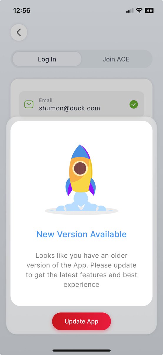 johnshumon's tweet photo. ⁦@ACEMoneyTransfr⁩ that’s not very great user experience. Forcing user to update app! I should be able to choose when to update no? https://t.co/Roa7Jkt7H3