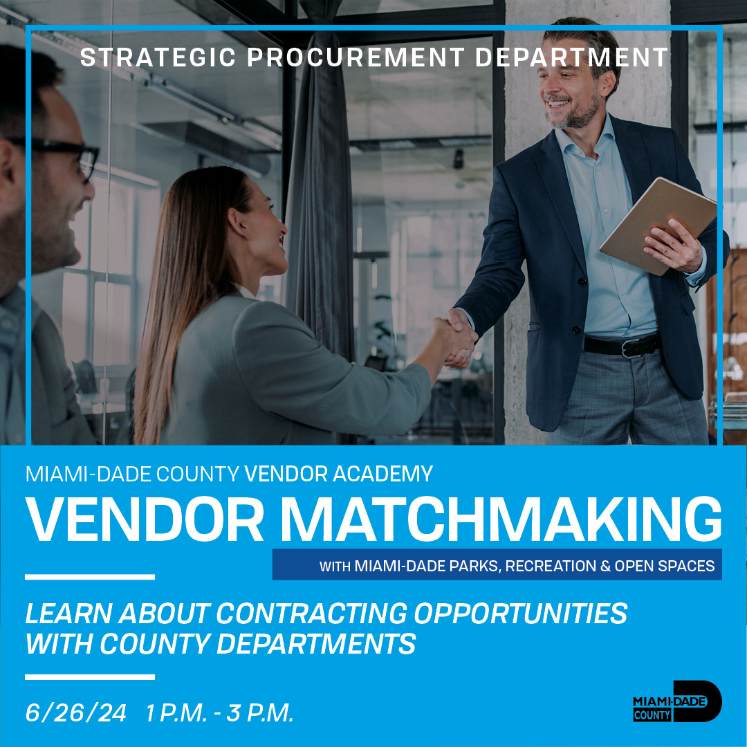 Join the Strategic Procurement Department at the Vendor Matchmaking event with the County’s Parks, Recreation &amp; Open Spaces (PROS) Department on Wednesday, June 26, at the Arcola Lakes Senior Center. More information and RSVP: miamidade.gov/VendorMatchmak…