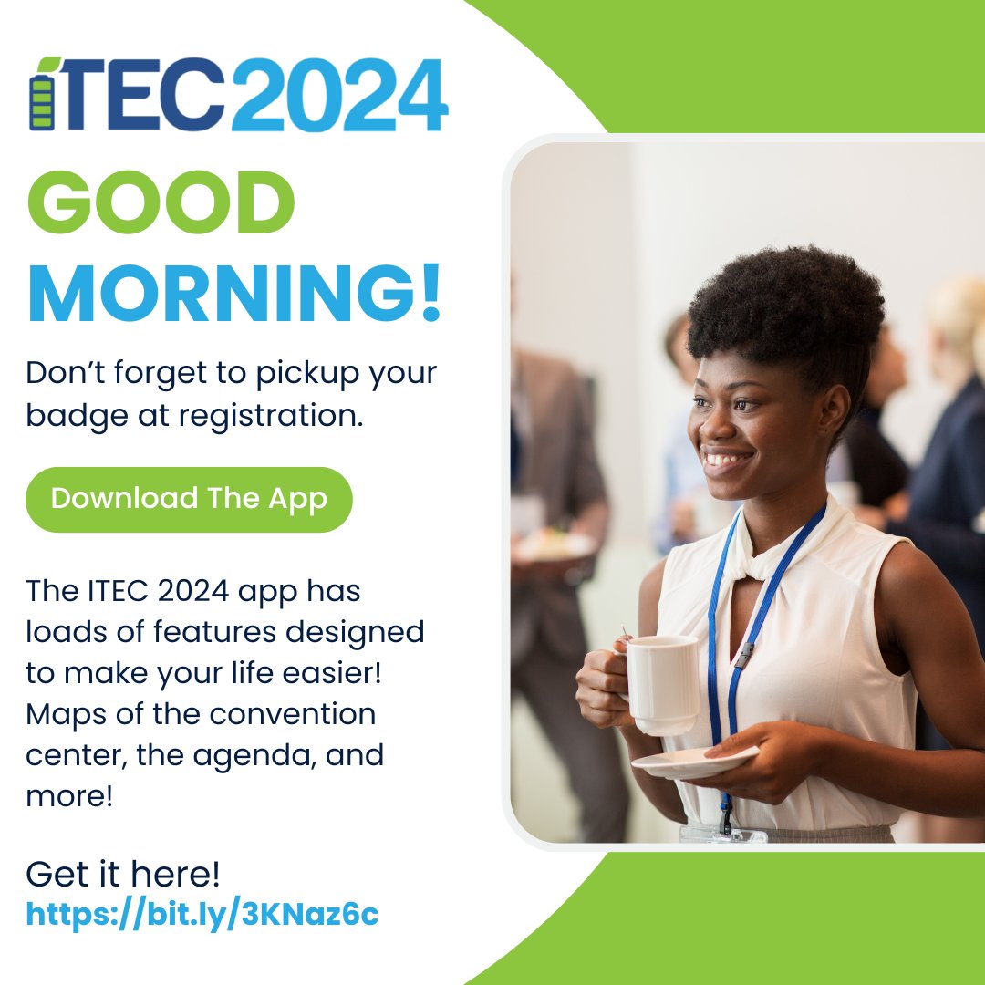 Good morning, ITEC attendees! Welcome to the first official day of ITEC 2024! 🌟 Head to registration to pick up your badge and don’t forget to download the ITEC 2024 App for conference maps, agendas, and more. Let’s kick off an amazing event together! \bit.ly/3KNaz6c