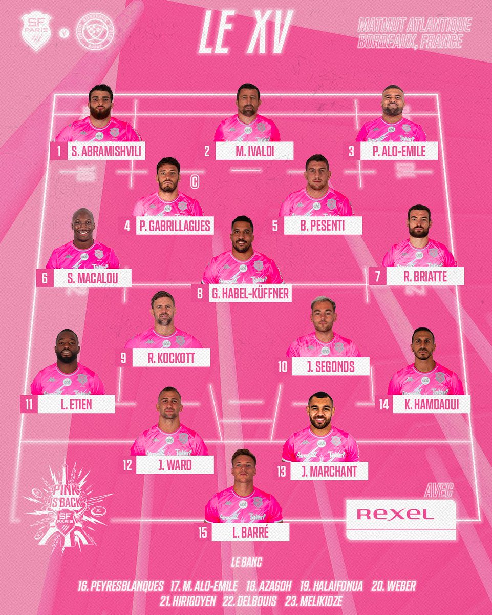 SFParisRugby's tweet photo. 📋 𝙇𝙀 𝙓𝙑

🍇 À Bordeaux,
🏟 Au Matmut Atlantique,
👊 Nos Soldats Roses seront prêts pour ce défi
🌸 𝗣𝗜𝗡𝗞 𝗜𝗦 𝗕𝗔𝗖𝗞 🌸

#SFPUBB | #DemiesTOP14 | avec @Rexel_Group https://t.co/xeYNbGPjML