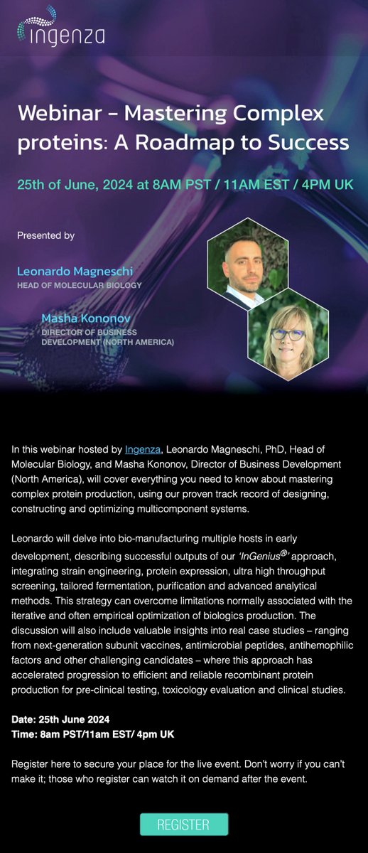 IBioIC (@ibioic) on Twitter photo Webinar - Mastering Complex proteins: A Roadmap to Success
<a href="/IngenzaLtd/">Ingenza Ltd</a> is hosting a webinar on establishing viable, scalable and cost-effective bioprocesses to manufacture valuable proteins. 🧬
Don't miss it! 👇 👇👇
⏰25 June 2024
🎟️ingenza.com/webinar-regist… Webinar - Mastering Complex proteins: A Roadmap to Success
<a href="/IngenzaLtd/">Ingenza Ltd</a> is hosting a webinar on establishing viable, scalable and cost-effective bioprocesses to manufacture valuable proteins. 🧬
Don't miss it! 👇 👇👇
⏰25 June 2024
🎟️ingenza.com/webinar-regist…