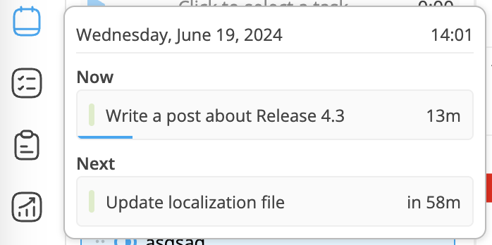 lane_en's tweet photo. 🔥 Week 4.3 is out

In the last Week's update, we introduced a new way to schedule tasks. You can enter a text like "tomorrow at 12:00" or manually choose time and date for a task. The scheduling window also shows some recommendations based on time boxes you've created for your projects.

We've also added a small window when you hover over navigation icons. It will show the actual information, like next events or recently opened tasks and notes.