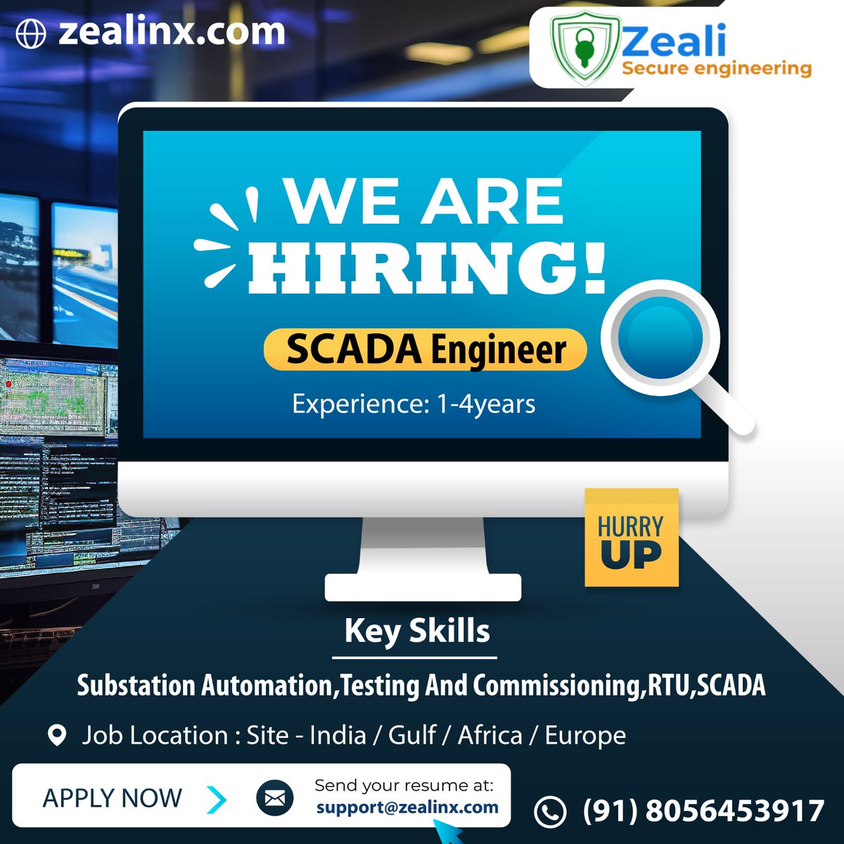 zealisecurity's tweet image. We are HIRING - SCADA Engineer
Experience : 1 - 4 Years

Send your Resume at : support@zealinx.com 

Visit Us : zealinx.com 

#SCADA #RTU #TestingandCommissioning #SubstationAutomation #Zealinx #ZealiSecureEngineering #India #Gulf #Africa #Europe