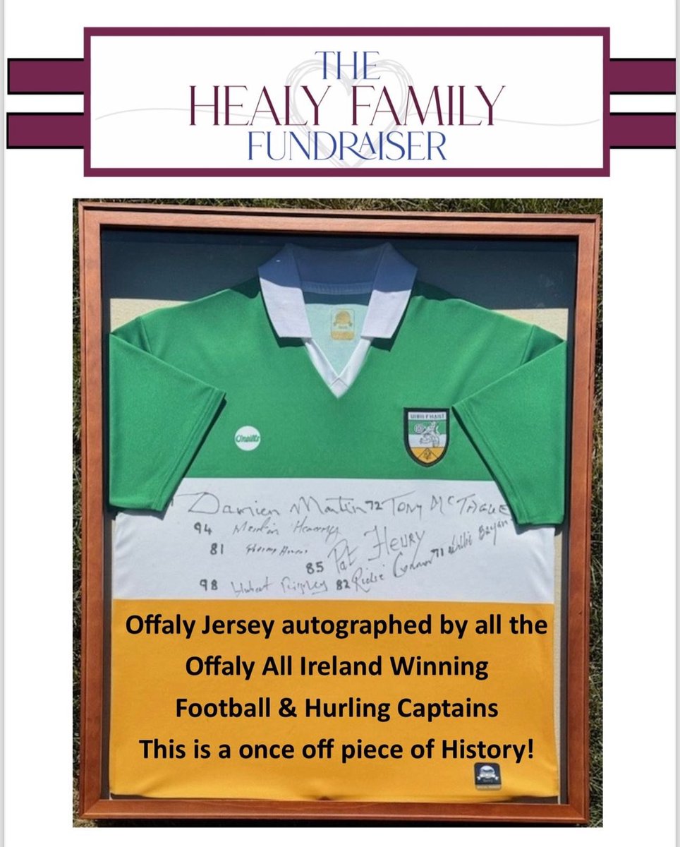 TeeMartin12's tweet photo. Offaly jersey signed by every All Ireland winning captain, both Hurling and Football. A once off piece of history. Being auctioned this Sunday, June 23rd in Chicago. All proceeds go to the Healy family benefit. Please pm me for more details.
#hangitinthewarehouse https://t.co/TbOOdZQGsw