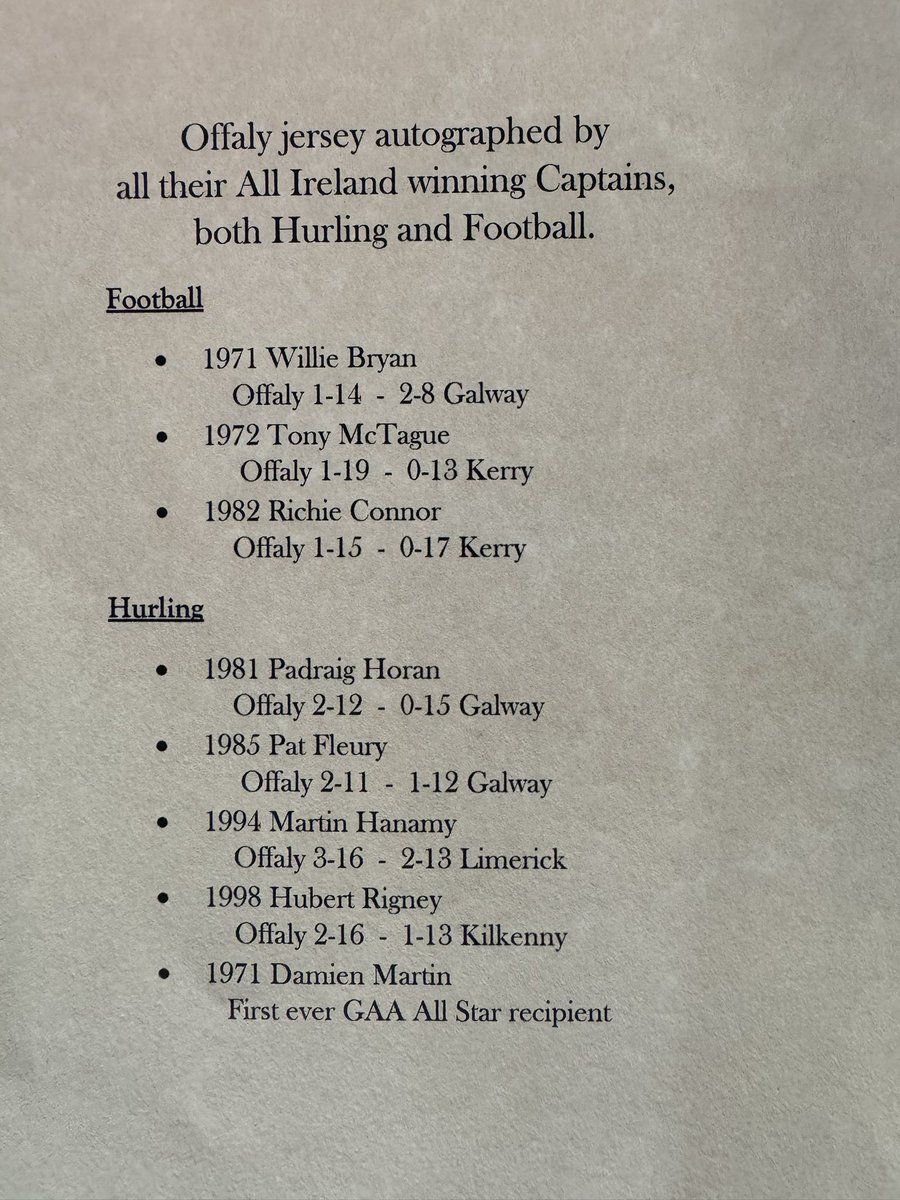 TeeMartin12's tweet photo. Offaly jersey signed by every All Ireland winning captain, both Hurling and Football. A once off piece of history. Being auctioned this Sunday, June 23rd in Chicago. All proceeds go to the Healy family benefit. Please pm me for more details.
#hangitinthewarehouse https://t.co/TbOOdZQGsw