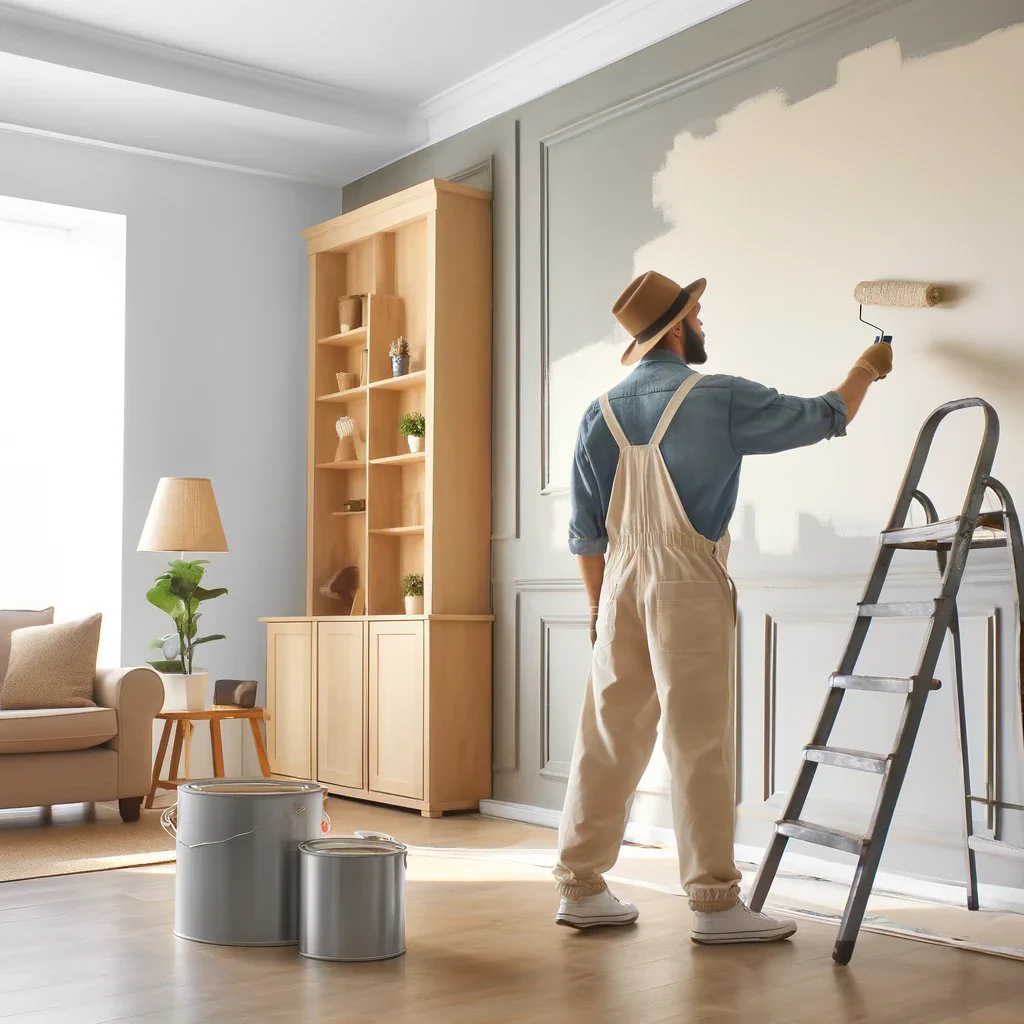 A handyman applying fresh paint to an interior wall in a Raleigh home. The bright room with modern decor, a ladder, and paint cans nearby highlights professional handyman services for home improvement, perfect for anyone searching 'handyman near me' in Raleigh.