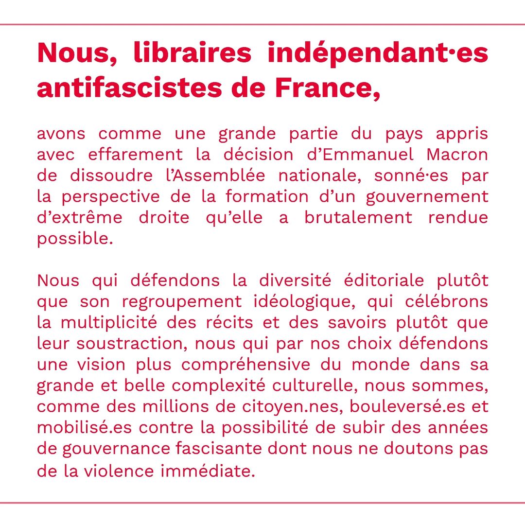 Chez Josette (@chezjosette) on Twitter photo La librairie <a href="/ChezJosette/">Chez Josette</a> salue et signe l'initiative collective lancée par plusieurs dizaines de librairies indépendantes et antifascistes.
À lire ici : blogs.mediapart.fr/les-invites-de… La librairie <a href="/ChezJosette/">Chez Josette</a> salue et signe l'initiative collective lancée par plusieurs dizaines de librairies indépendantes et antifascistes.
À lire ici : blogs.mediapart.fr/les-invites-de…