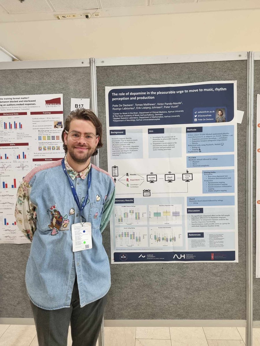 DeckerePelle's tweet photo. Just back from the Neurosciences &amp; Music Conference! Inspired by meeting colleagues and putting faces to names from key papers. The feedback on my poster was invaluable for my PhD. Only in Finland can you close with a metal band🤘🎶 @CoE_MMBB @musicbrainAU @helsinkiuni https://t.co/5EktD6GhBv