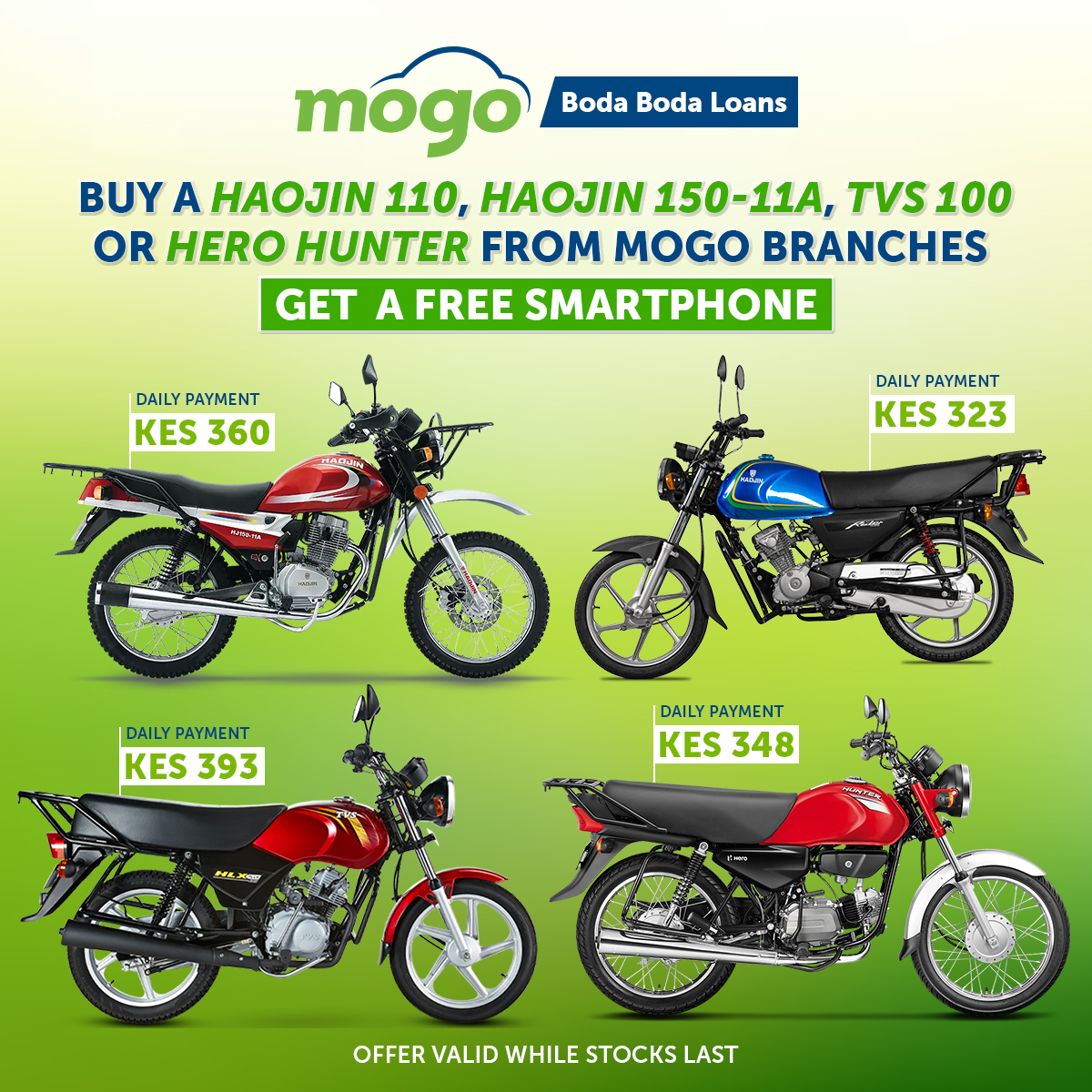 MogoAutoLtd's tweet image. Buy a Haojin 110, Haojin 150-11A, TVS 100, or Hero Hunter from Mogo and get a FREE smartphone!
                Offer valid while stocks last. 
Call 0768469112 or visit apply.mogo.co.ke/smart-tter to apply. 
#MogoDeals #FreeSmartphone