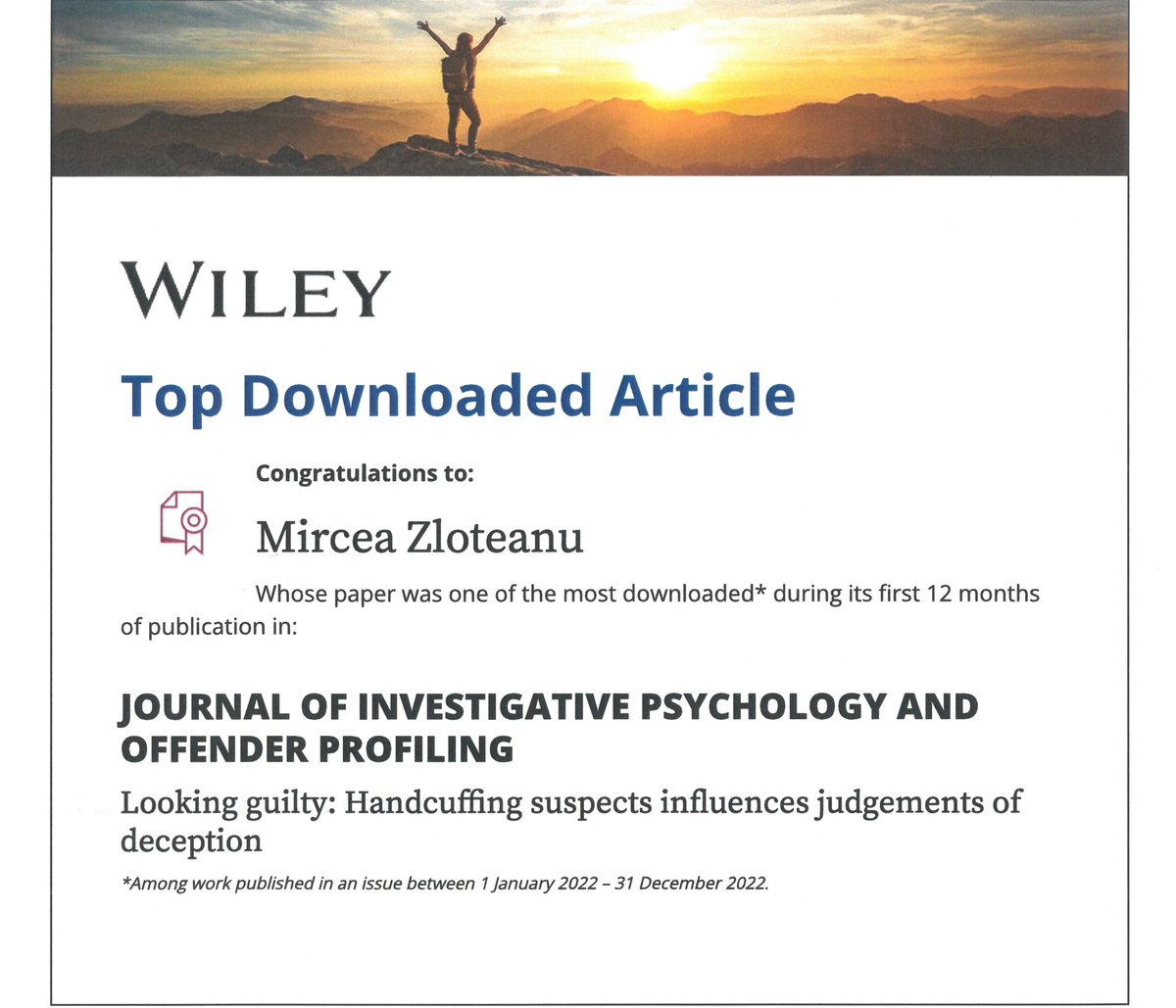 🏆Our paper on how handcuffing impacts deception detection is in the Top 10% most downloaded in JIPOP! doi.org/10.1002/jip.15…

#Research #Psychology #Criminology #ForensicPsych