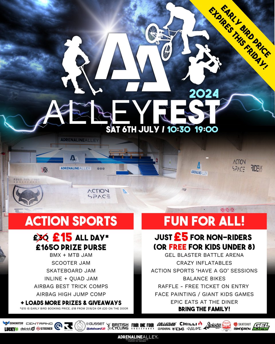 ONLY 1 DAY LEFT OF EARLY BIRD PRICE!🐥
(Price will increase on Friday 21st June)

Don't miss that CHEAPER early-bird booking fee =&gt;
adrenalinealley.co.uk/event/420/alle…

£15 RIDER/SKATER PASS (all ages)
£5 NON-RIDER PASS or FREE for non-riders under 8

#adrenalinealley #corby #CorbySkatepark