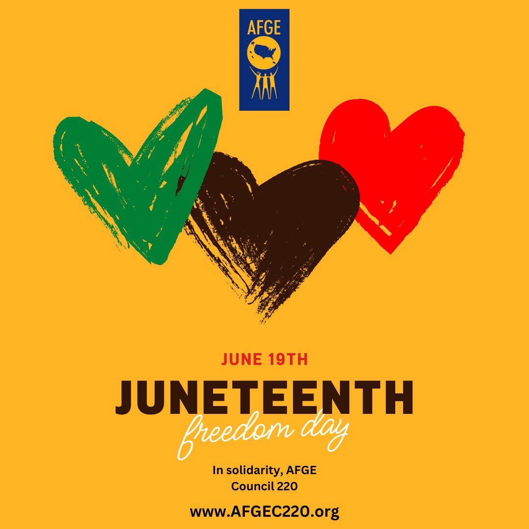 AFGE_Council220's tweet photo. 🎉 Happy Juneteenth! 🎊 Today, we celebrate the day when the last enslaved African Americans were granted freedom. Let us honor their resilience, reflect on progress made, and work towards a future of equality and justice for all. #Juneteenth #FreedomDay #Equality #Justice https://t.co/cDdlu3qzBI