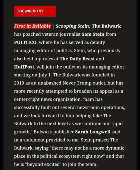 Some personal, professional news. 

I'm heading to one of the most dynamic, interesting and important political outlets out there: <a href="/BulwarkOnline/">The Bulwark</a> 

I'm beyond excited to help them grow even more. You all HAVE to sign up, it is IMPERATIVE. thebulwark.com/about

More TK