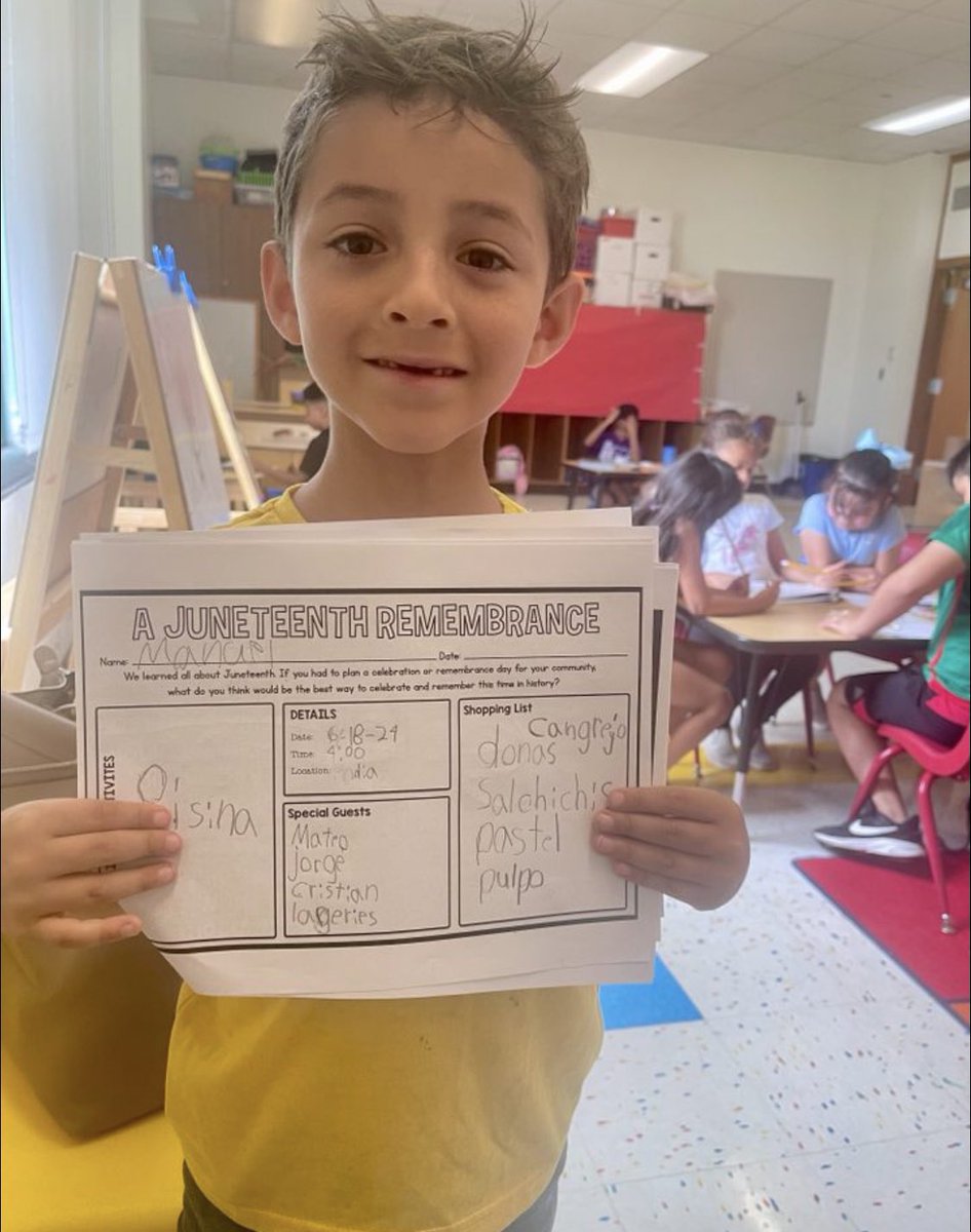 San Jacinto Elementary School (@sanjacintojets) on Twitter photo Yesterday our Jets learned all about the meaning and importance of #Juneteenth! Then they reflected, shared their discoveries and planned a Juneteenth celebration!
Happy Juneteenth!
<a href="/DallasisdE/">DallasISD_ExtendedLearning</a>
<a href="/Steps2Samuell/">@Steps2Samuell</a>
<a href="/MendozaMoments/">Sarah Hafley-Mendoza</a>
<a href="/_HectorMartinez/">Hector</a>
<a href="/GitzaMarrero/">Gitza Marrero</a>
#SummerCool2024 Yesterday our Jets learned all about the meaning and importance of #Juneteenth! Then they reflected, shared their discoveries and planned a Juneteenth celebration!
Happy Juneteenth!
<a href="/DallasisdE/">DallasISD_ExtendedLearning</a>
<a href="/Steps2Samuell/">@Steps2Samuell</a>
<a href="/MendozaMoments/">Sarah Hafley-Mendoza</a>
<a href="/_HectorMartinez/">Hector</a>
<a href="/GitzaMarrero/">Gitza Marrero</a>
#SummerCool2024