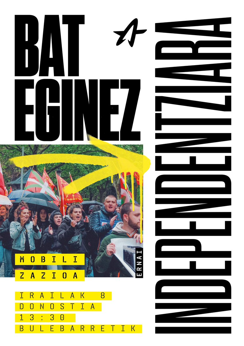 ernaigazte's tweet photo. 📢Ernairen kontrako operazio honen aurrean gazte borroka geldiezina dela aldarrikatuko dugu irailaren 8an Donostian.

Isunen eta oztopoen gainetik independentziaren aldarria egiten jarraituko dugu. ➡️

Irailaren 8an Gazteok Donostiara!
#BatEginez independentziara! https://t.co/vSHF3w8NMG
