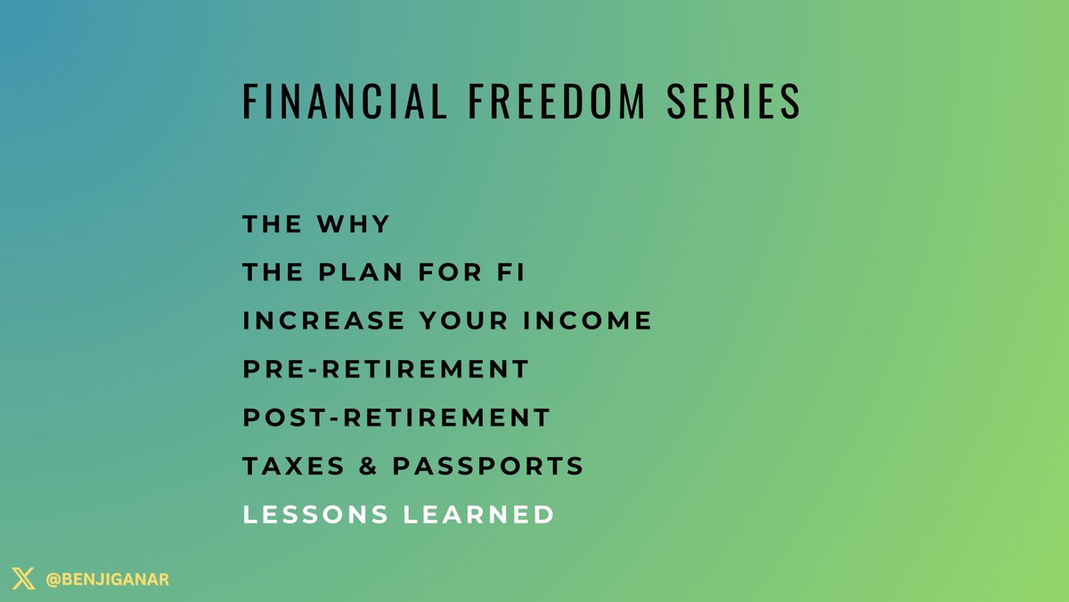BenjiGanar's tweet photo. We’re at the end of the Financial Freedom Series!

Here are the biggest takeaways from my experience

1⃣ Plan for the “worst” case scenario

Most of us have the majority of our NW in crypto which is a very volatile asset class, even the king $BTC 

So have a backup plan if it were to go to zero. 

Although highly unlikely, it’s not impossible.

But what would you do if this were to happen? 

Now, if your NW is in some sh*tcoin, good lord, bless your soul 👇

2⃣ NW diversification is VIP

Not a popular idea on CT but when crypto is in the sh*tter, you’ll change your mind. 

When the 2022 bear market hit, my crypto pf was REKT!

But I was still getting cash flow from my properties along with a sexy dose of asset appreciation to ride out the storm.

It may not sound cool to diversify but it's absolutely irresponsible not to. 

You want to enjoy your time, not stressed all the time

3⃣ Get all your uncollateralized mortgages/loans before leaving the 9-5

It will be very challenging to do so in retirement. 

You can still get them if you have a profitable biz with a track record of 1-2yrs.

Crypto lending still has a ways to go.

4⃣Plan for years ahead

If you’re single and plan to have a family, calculate what the total cost with a family of 4 will be in retirement and aim for that target. 

A safe figure for a high cost of living area is about $5M liquid net

In a low cost of living geo (eg: south east asia), you will need just $1-2M

5⃣Where to invest your money

If your goal is to retire early, you shouldn’t max out your retirement accounts above company matching levels. 

I went heavy maxing out retirement accounts early in my career b/c boomers recommended that lol

It’s hard to pull that money out without penalties if you retire early. 

If I had to do it again, I’d go super heavy in Real Estate and Crypto instead.

RE has higher probability of success, but slower. 

Crypto has lower probability of success, but faster. 

Good things take time.. 

6⃣How will you spend your time? 

Think about how you will spend your time in retirement - the meaningful activities, not partying 24/7 😆 

Who will you hang out with from 9-5?  

I did the party & beach bum thing but i felt very empty. 

Since then, I’ve focused on building & helping others and it has been the most rewarding.

Find something that is fulfilling (for you)

==============
This ends the series! 

I hope it has added some value to you. 

Feel free to DM me if you need some guidance. 

Happy to help where I can. 

See you all in paradise 🌴