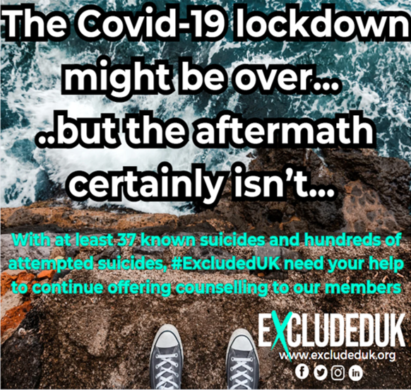 ExcludedUK's tweet photo. Please help us support those who are still mentally and financially struggling by following this link. If you are not able to donate, please just like and share this post. Many thanks
https://t.co/k9abLtBSSf

DID YOU GET LITTLE OR NO GOVERNMENT FINANCIAL SUPPORT DURING COVID?
Were you excluded from fair and equal Covid-19 financial support?
If so, join some of the other 3.8 million UK taxpayers who were as we campaign for this scandal to be put right.. https://t.co/1GoANVaqj9

37+ lost to suicide and hundreds of attempted suicides!

Lives & livelihoods ruined!

Dutifully paid in, deliberately left out!

Website: https://t.co/0yvKedEu5A

Facebook Group: https://t.co/1GoANVaqj9

Sign up to our mailing list: https://t.co/zgpsggbnGK

#ExcludedUK

Please help us support those who are still mentally and financially struggling by following this link. If you are not able to donate, please just like and share this post. Many thanks
https://t.co/k9abLtBSSf

There are over 20 categories of exclusions including:
·New starters
·New Businesses
·PAYE freelancers
·Newly self-employed
·Those denied furlough
·Directors paid in Dividends
·Directors paid PAYE Annually
·Made redundant before 19 Mar 2020
·Directors of Companies not in Profit
·Self-employed with +£50k trading profits
·Businesses ineligible for Business Grants
·Those in maternity/parental/adoption leave
·Those earning less than 50% income from self-employment
��Those whose personal circumstances have affected entitlement to support e.g. pensions, bereavement allowance, carer’s allowance, students, armed forces veterans… and more…

ExcludedUK are asking for:
(1) An apology from government so this injustice is recognised and assurance that it will never happen again.
(2) Parity of support
(3) Acknowledgement of loss of earnings/profit and consequential loss.
#ExcludedUK
