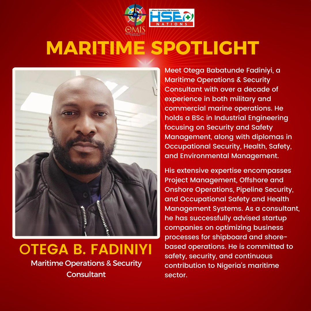 ⚓ Spotlighting Otega Babatunde Fadiniyi, a Maritime trailblazer.

🫡 Applaud his exceptional expertise and commitment to optimizing safety and operations in Nigeria's maritime industry.

🚨 PS: Our Maritime Spotlight amplifies impactful voices in the industry. Will you be next?