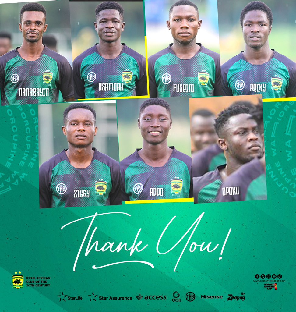 AsanteKotoko_SC's tweet photo. The following players have agreed to the termination of their contracts by mutual consent. 

Samuel Asamoah
Nanabayin Amoah
Isahaku Fiseini
Rocky Dwamena
Richmond Opoku 
Julius Ofori Ziggy
Shadrack Addo

The Club wishes them the best for the future, and thank them for their service.

#AKSC #Fabucensus #Kotoko4All