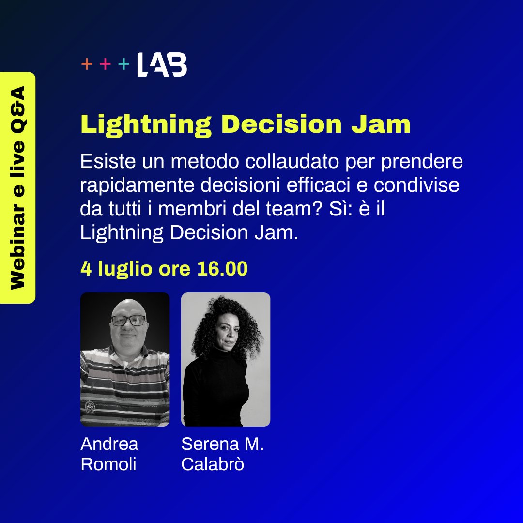 Se lavori all’interno di team e vuoi scoprire come prendere decisioni condivise e in fretta, unisciti a noi per scoprire il Lightning Decision Jam.

Iscriviti qui 👉shorturl.at/AI1k5