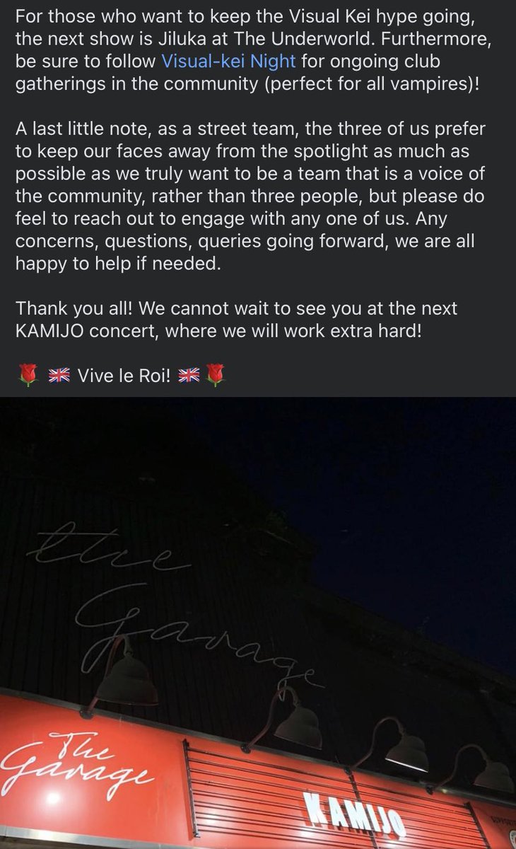 KAMIJO_UK's tweet photo. We posted a little thank you to everyone on Facebook, and thought we would share it here. 

Thank you, everyone, for being your very best. We cannot wait to go to another KAMIJO concert with you all, again. 

#ViveLeRoi ❤️🌹✨ https://t.co/rPUJMDL3ra