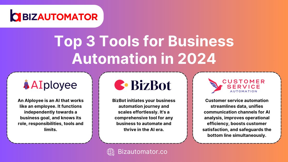 BizAutomator's tweet image. 🚀 Ready to boost your productivity? Discover the Top 3 Tools for Business Automation in 2024! Transform your business with cutting-edge solutions. 
Check them out here: bizautomaator.co 
#BusinessAutomation #Productivity #AIAutomation #Bizbot