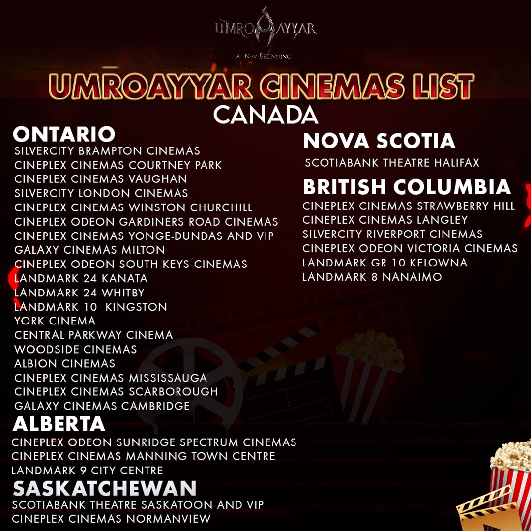 IT'S TIME TO WATCH! 🎬

#UmroAyyarANewBeginning is now showing in cinemas across Canada! 
Check the list and grab your tickets now! Don't miss out!

#NowShowing #UmroAyyarANewBeginning #CinemaList #Canada #UmroAyyar #AyyaroTayyarHo