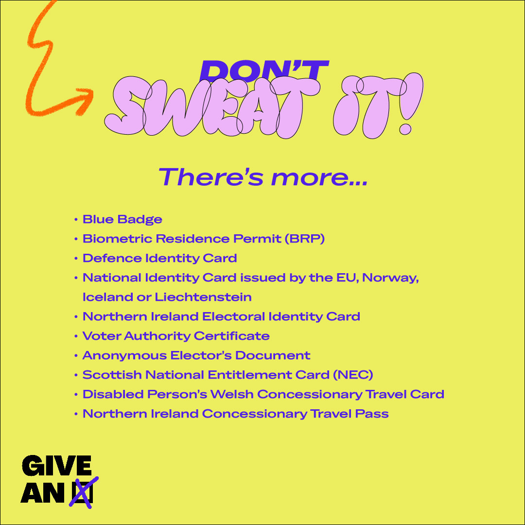 mylifemysay's tweet photo. Registered to Vote? ✅

Next up: Make sure you’ve got the right ID for the polling station on July 4th. Check our handy guide below to see if your ID is valid ⬇️

No voter ID? No worries! @nusuk is offering a FREE CitizenCard for voters in England, Wales & Scotland. Head to the link in our bio to get yours now 🔗

#GiveAnX 🗳️