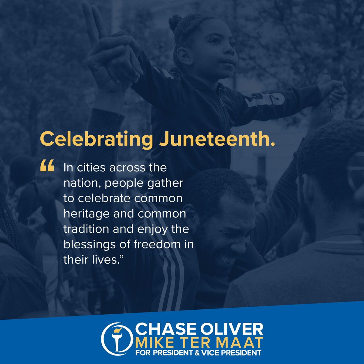 ChaseForLiberty's tweet photo. Juneteenth is a day to commemorate the end of chattel slavery in the United States. It is rightfully regarded as a celebration of liberty and the power of a community to overcome the worst horrors and abuses of the state. In cities across the nation, people gather to celebrate common heritage and common tradition and enjoy the blessings of freedom in our lives.

Family, faith, and community.
Under slavery, these were curtailed by the cruelty of the practice. This being sanctioned by a government that proclaimed "all men are created equal" is disturbing, to say the least. The highest hypocrisy. 

I will fight every day as an activist and citizen to honor those words to their truest potential. All people are created equal, born with inherent rights that should be honored and protected.