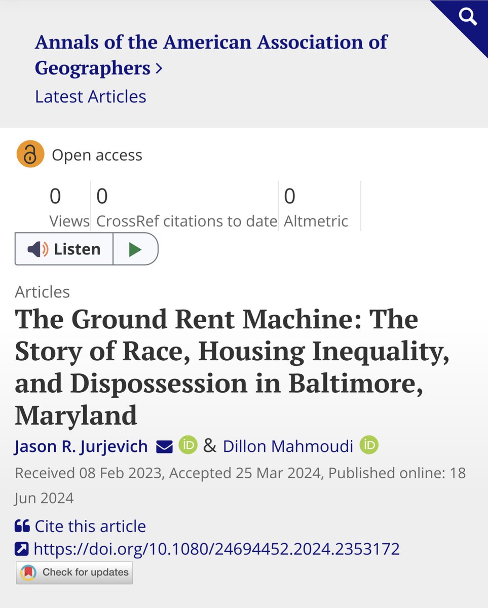 Dillon Mahmoudi (@dillonm) on Twitter photo Excited our paper "The Ground Rent Machine" is out in <a href="/theAAG/">American Association of Geographers</a>, which tells the story of racial dispossession thru a little known legal mechanism: ground rent. A dream to collaborate with <a href="/JasonJurjevich/">Jason Jurjevich</a>, engage in crit quant, and decline-as-urbanization.
tandfonline.com/doi/full/10.10… Excited our paper "The Ground Rent Machine" is out in <a href="/theAAG/">American Association of Geographers</a>, which tells the story of racial dispossession thru a little known legal mechanism: ground rent. A dream to collaborate with <a href="/JasonJurjevich/">Jason Jurjevich</a>, engage in crit quant, and decline-as-urbanization.
tandfonline.com/doi/full/10.10…
