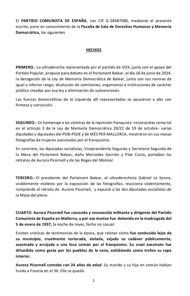 EnriqueSantiago's tweet photo. No les basta a los ultras de Vox con la violencia fascista: también vulneran el derecho a la memoria de #AuroraPicornell.

No vamos a permitir que quede impune.

✍🏻 @elpce hemos presentado denuncia en la Fiscalía por delito de odio e infracción de la ley de memoria democrática. https://t.co/SAEtAIQ0d6