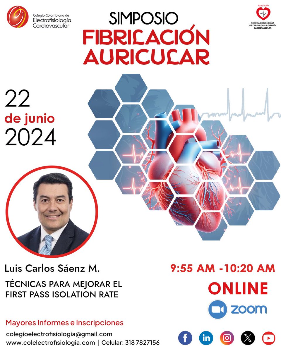 Quedan 3 días para dar inicio a nuestro Simposio de Fibrilación Auricular 🫀

🗓️ 22 de Junio
⏱️ 8.00am a 11.00am hora Colombia 
👉🏼 inscripciones inscripciones.colelectrofisiologia.com/eventos/regist…

Evento certificado y gratuito. 

Los esperamos! 

#electrofisiología #cardiología #electrophisiology