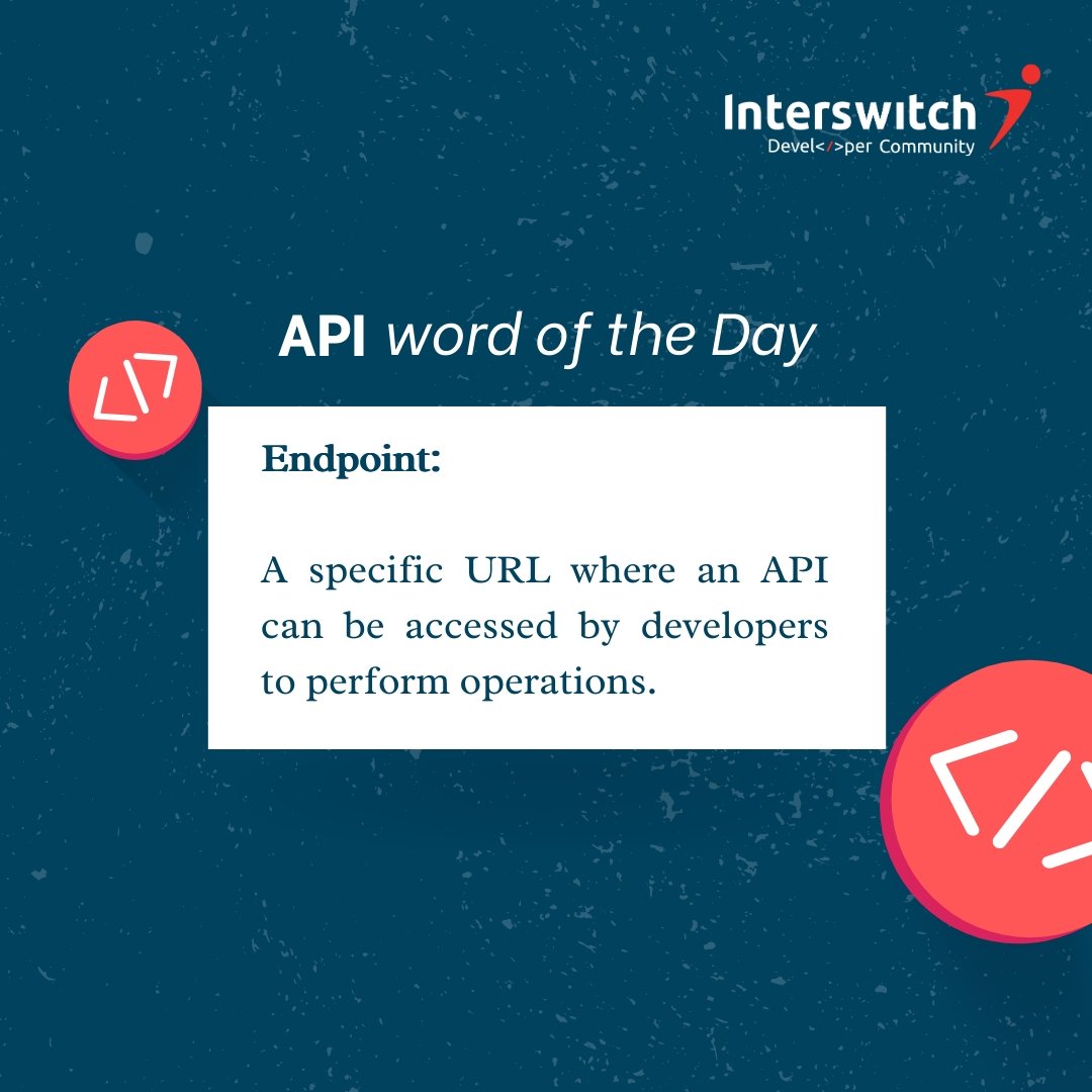 InterswitchDev's tweet image. This week's API word of the day is Endpoint.
An Endpoint is a specific URL where developers can interact with an API to perform operations.
Follow us for more insights and updates on key API concepts. ☺️
#InterswitchDevelopersCommunity #API