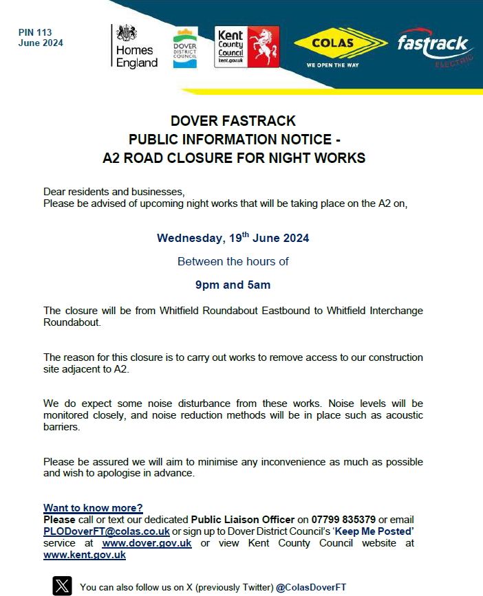 PIN 113 - A2 ROAD CLOSURE - TONIGHT 
<a href="/DoverDC/">Dover District Council</a> <a href="/KentHighways/">KCC Highways</a> <a href="/KentHighways/">KCC Highways</a>