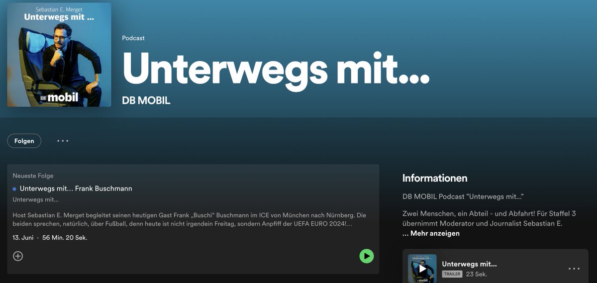 Der Podcast "Unterwegs mit..." der <a href="/DB_Bahn/">Deutsche Bahn Personenverkehr</a> begleitet <a href="/merget_e/">Sebastian E. Merget</a> und Prominente quer durch Deutschland. Mit 200.000 monatlichen Hörer*innen bietet er Einblicke in Gesellschaft, Kultur und Bahnreisen, gepaart mit Themen wie Nachhaltigkeit und Innovation. Sehr spannend! #apPRoved